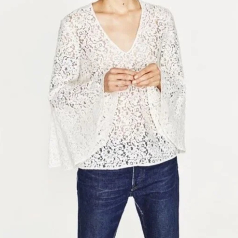 ZARA White Lace Top With Flared Sleeves